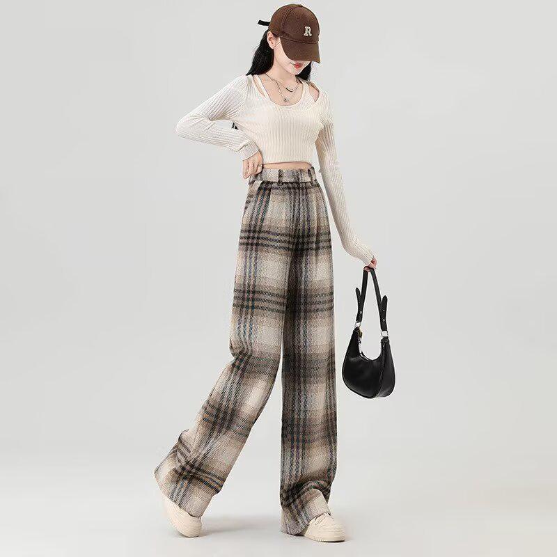 Women's Retro Black & White Plaid Wool Blend Wide-Leg Pants: Fleece-Lined, Thickened, Loose Fit for Autumn/Winter Casual Style.