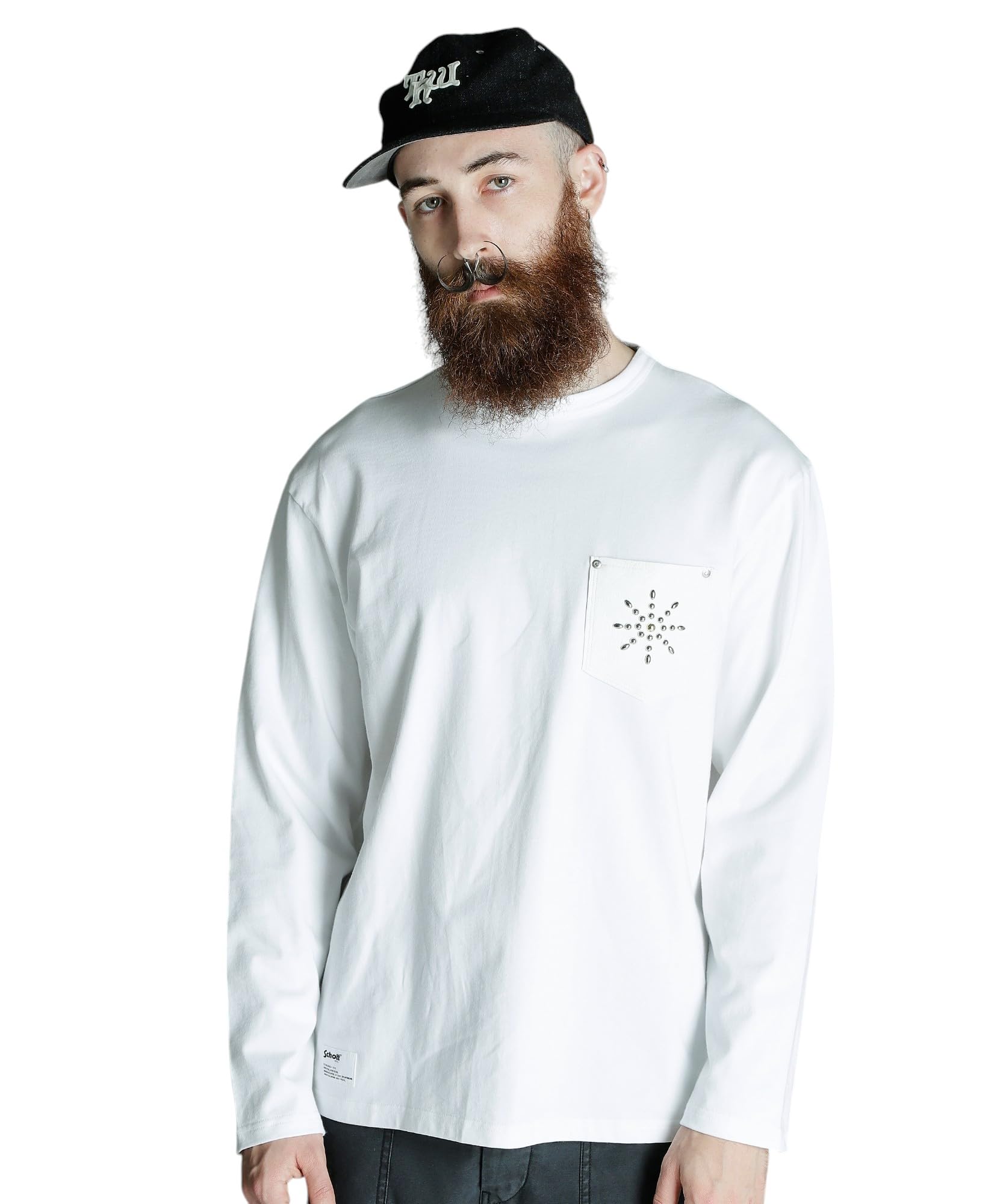 Schott DEER STUDS LS T-SHIRT BURST, Мужская длинная футболка с карманом и шипами в виде оленей, Размер 2XL, Белый, 782-5130002