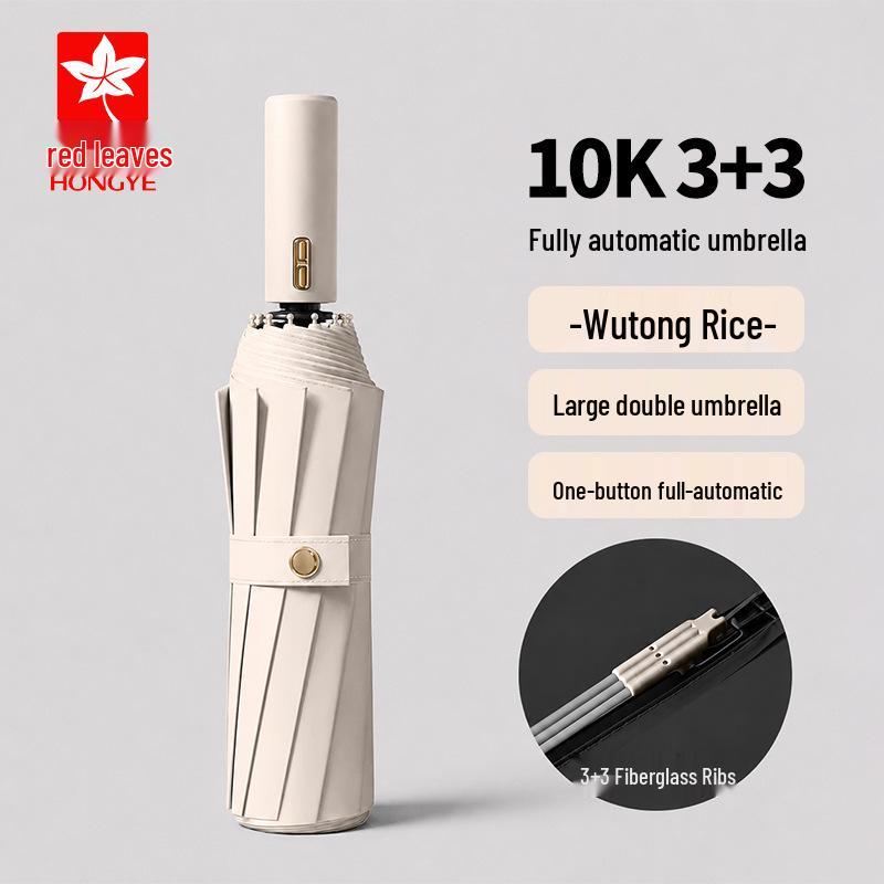 Red Leaf Automatic Folding Sun/Rain Umbrella - Reinforced Windproof Ribs, Black Glue Sun Protection, Double Large Coverage.