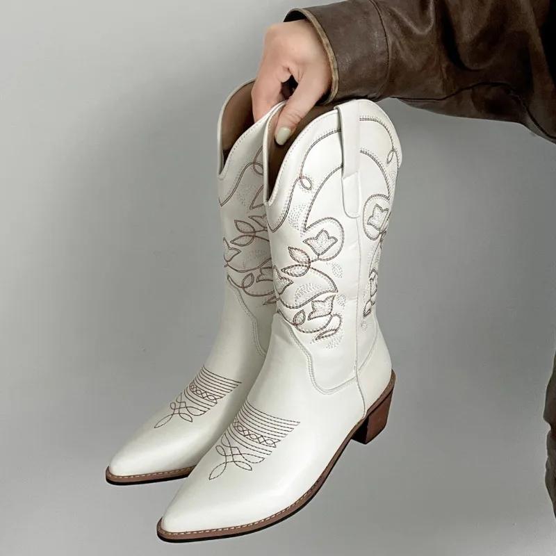 Vintage Thick Heel Women Western Cowboy Boots Fashion Slip On Shoes Embroidery Knight Mid Calf Botas Autumn Winter Women'S Shoes