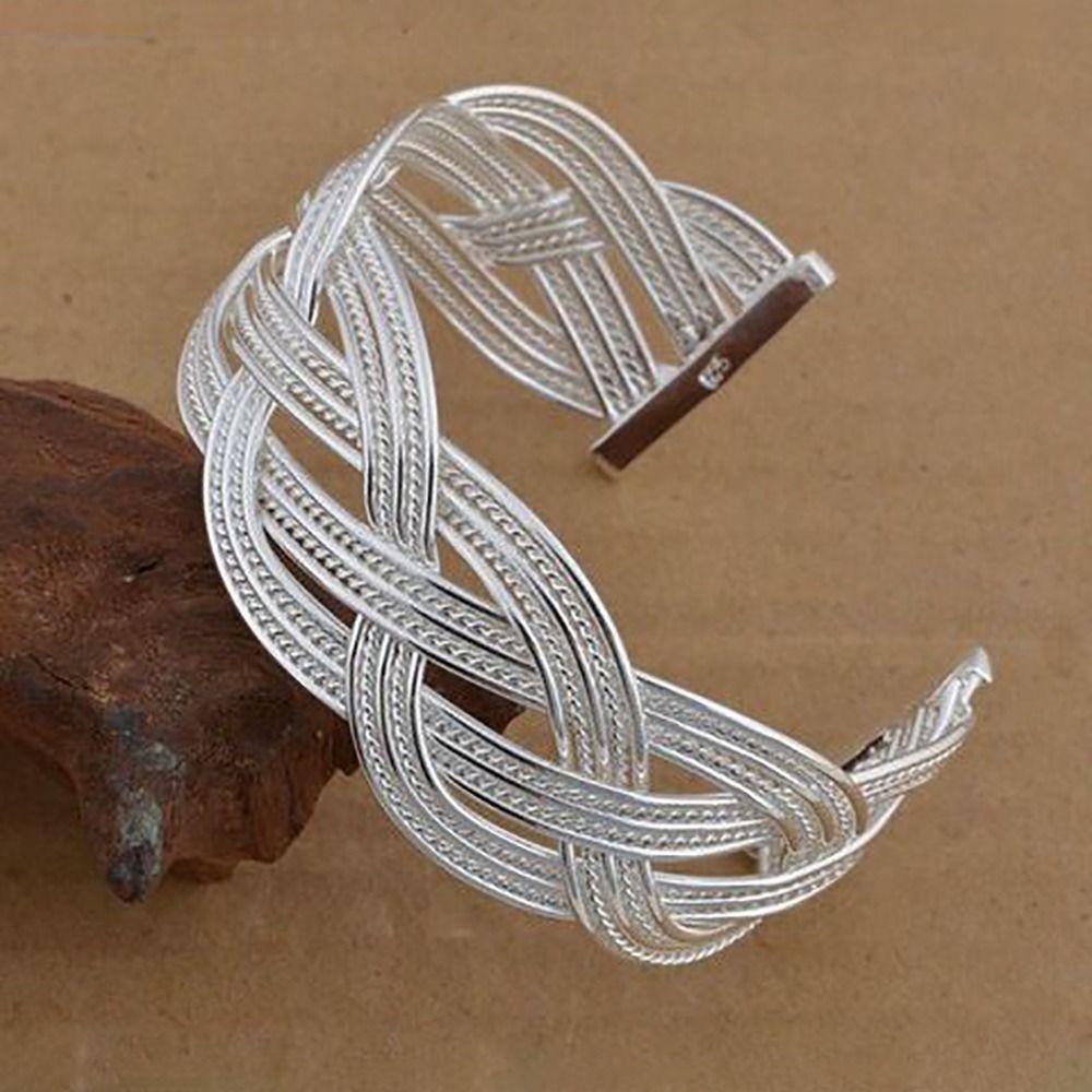 Resizable Wide Open Bangle Silver Woven Bracelet Unique Hollow Charm Bracelet  Gift