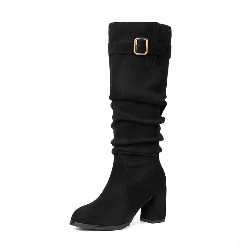 Women's Suede Pointed Toe Knee High Boots, Solid Chunky Heel Long Boots, Fashion Winter Shoes