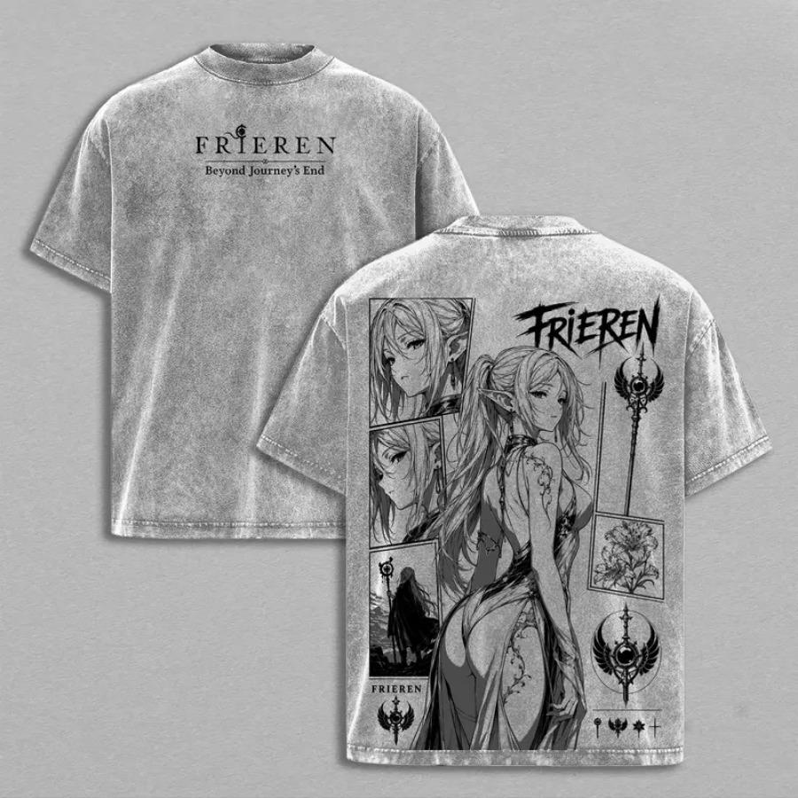 Maglietta Stampata Carina di Frieren - T-shirt in Cotone Unisex, Maglietta Lavata, Top Largo Stile Harajuku
