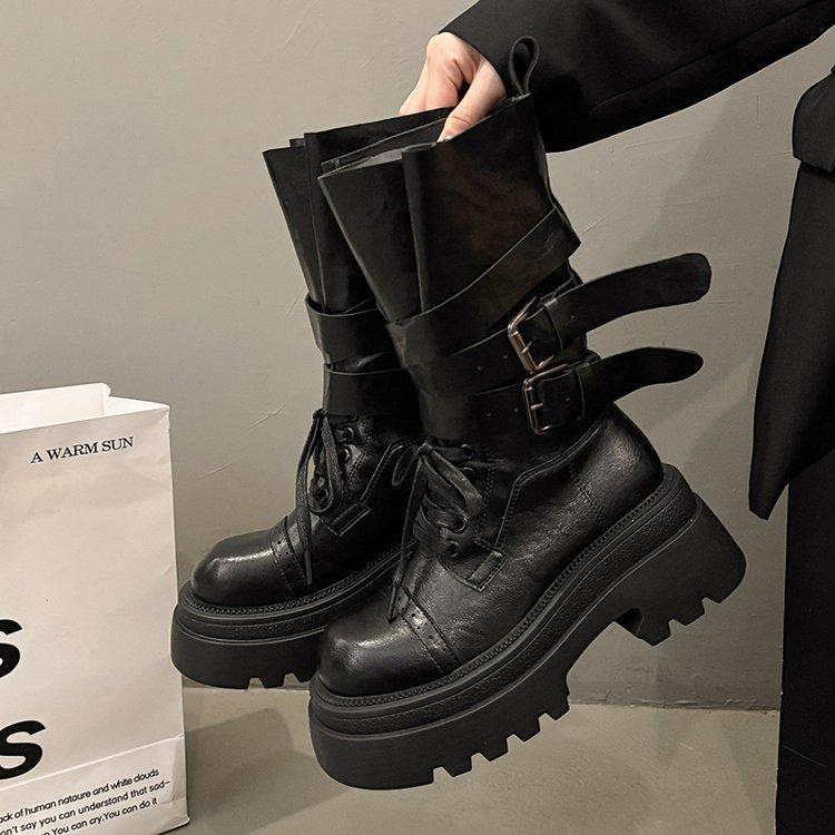 

Brown thick-soled heightening Martin boots in the autumn of 2025, new fashionable and versatile design, belt buckle medium boots 35