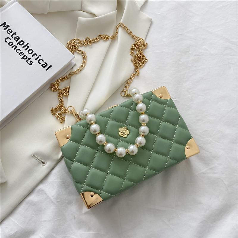 2025 New Women's Rhombus Chain Bag Pearl Portable Oblique Span Small Square Bag Korean Edition Embroidery Thread Box Bag