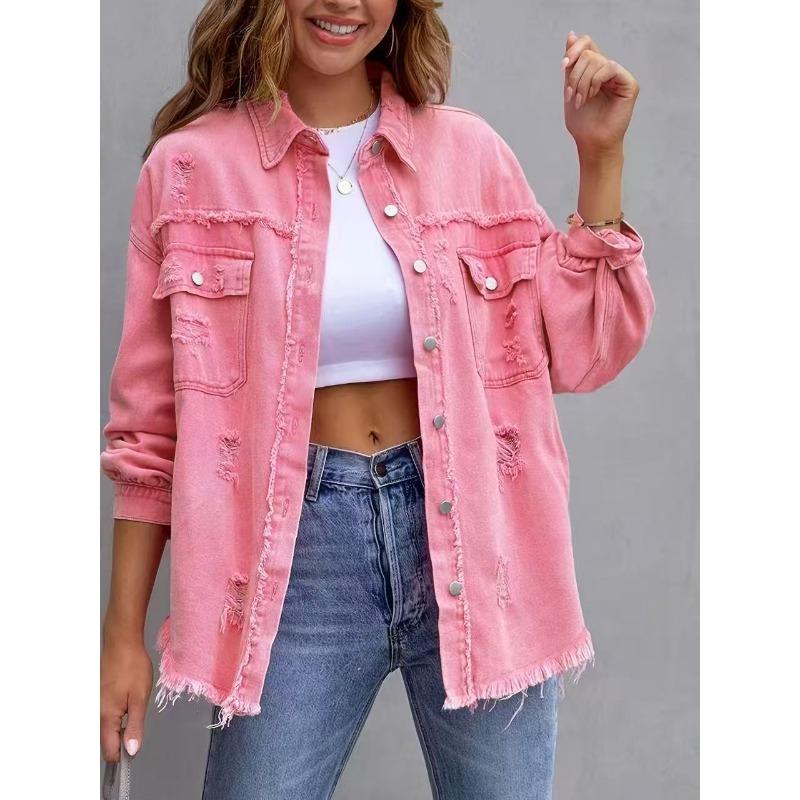 2026 Europäische und amerikanische süße Mode Spice Girls Sommer neue Revers Langarm Jeansjacke mit Löchern für Damen