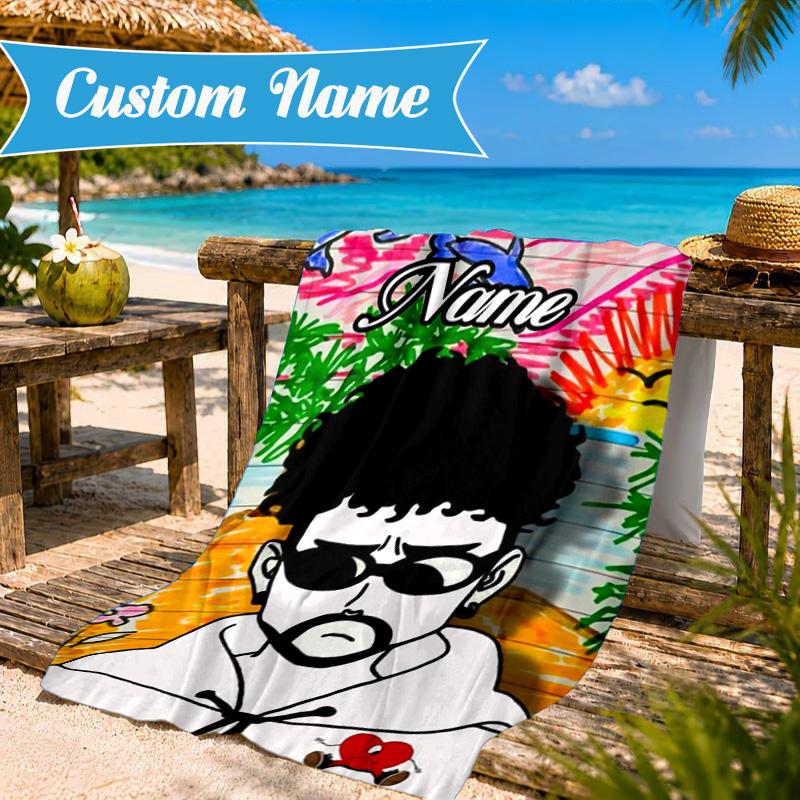 Custom Name Beach Towel Heart Bad Bunny Journal Microfiber Beach Towel, Lightweight for Summer Travel, Swimming Pool Fan Birthday Gift