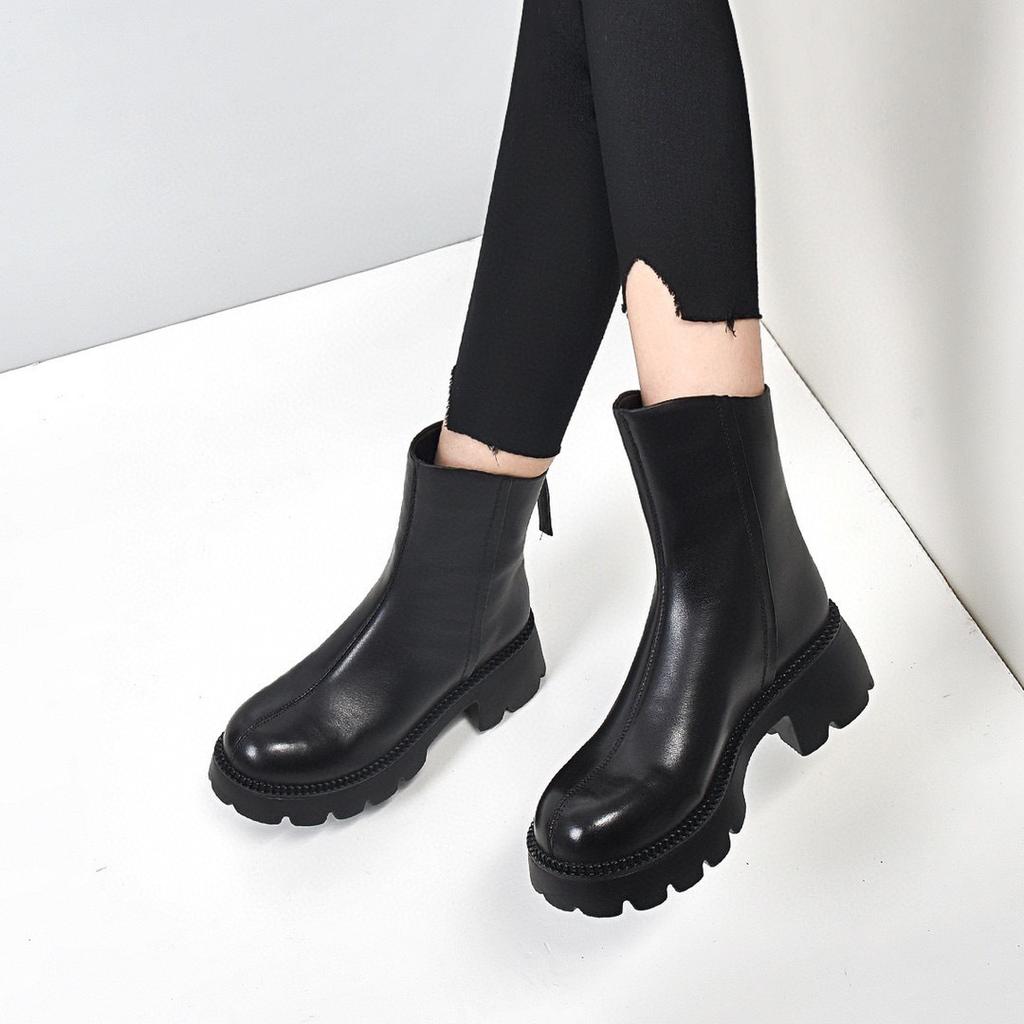 Thick-soled Rear Zipper Martin Boots Autumn and Winter New First-layer Cowhide Knight Boots Round Head Thick Heel Medium Boots