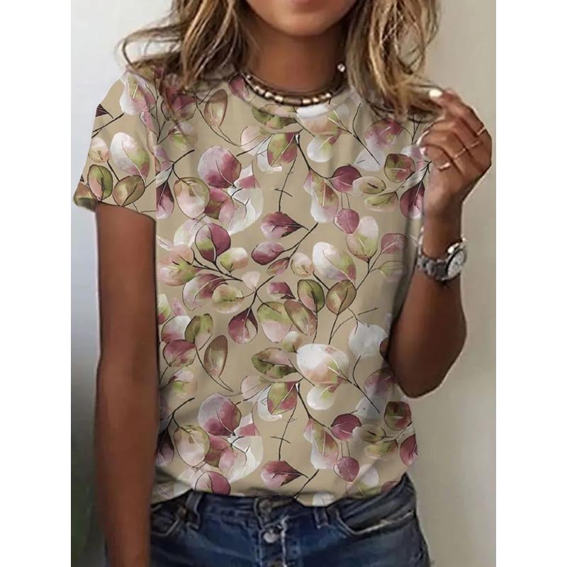 Fashion Women's Crew Neck T-Shirt 3D Flower Color Printing Crew Neck Short Sleeve