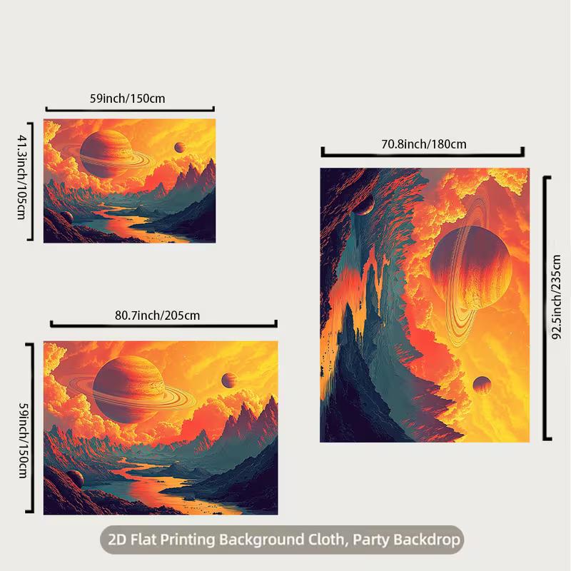 2D Sci-Fi Landscape Backdrop Mountain River with Planets and Dramatic Clouds Party Photo Background