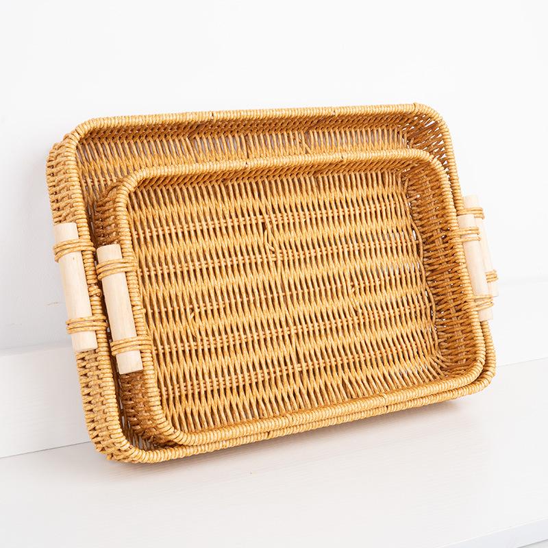 Multi-Use Pp Woven Storage Basket With Wooden Handle Modern Rectangular Shallow Bin For Living Room Bedroom Kitchen Hotel Servic