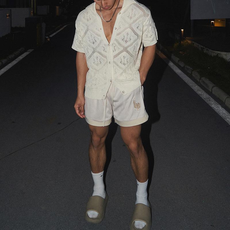 Men Hollow Out Knit Shirt Vintage Breathable Knitting Shirts Men Summer Stylish Solid Color Short Sleeve Tops