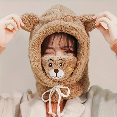 Little Bear Plush Hat, Mask Hat, Scarf Integrated, Winter Women's Cycling, Cold Proof and Warm Hat, Children's Autumn and Winter Hoodie