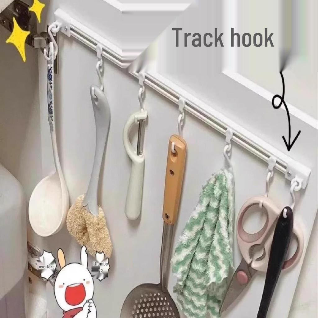 Adhesive Wall-Mounted Kitchen Rack with Sliding Hooks for Utensils