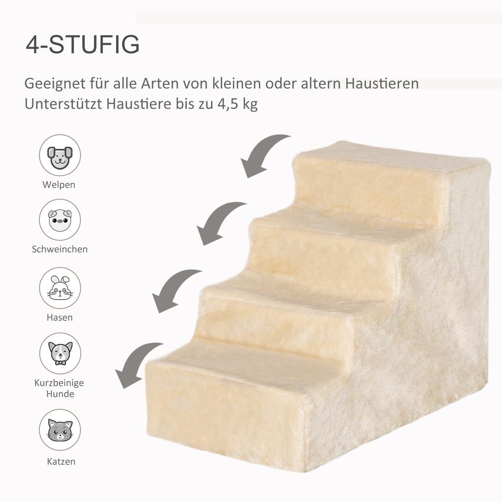 Four-Step Dog Stairs, with Washable Plush Cover, for High Bed Sofa, Dog Stairs for Small Dog and Cat - Beige
