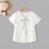 ZANZEA Womens Elegant V-Neck Tie Bow Stitching Short Sleeve Casual Loose Blouse Tops
