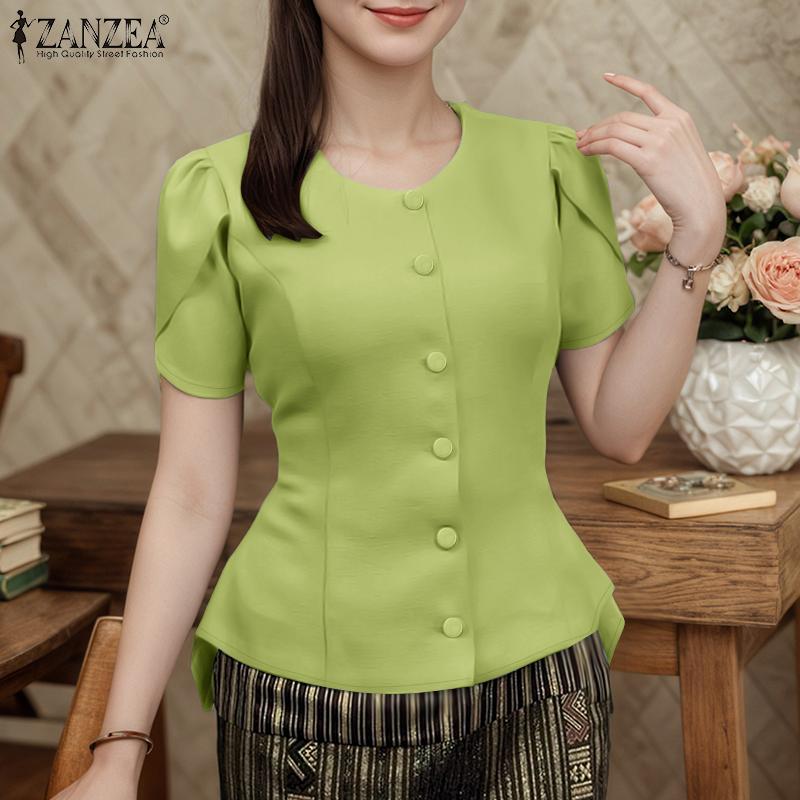 ZANZEA Women Casual Round Neck Summer Short Sleeve Blouse