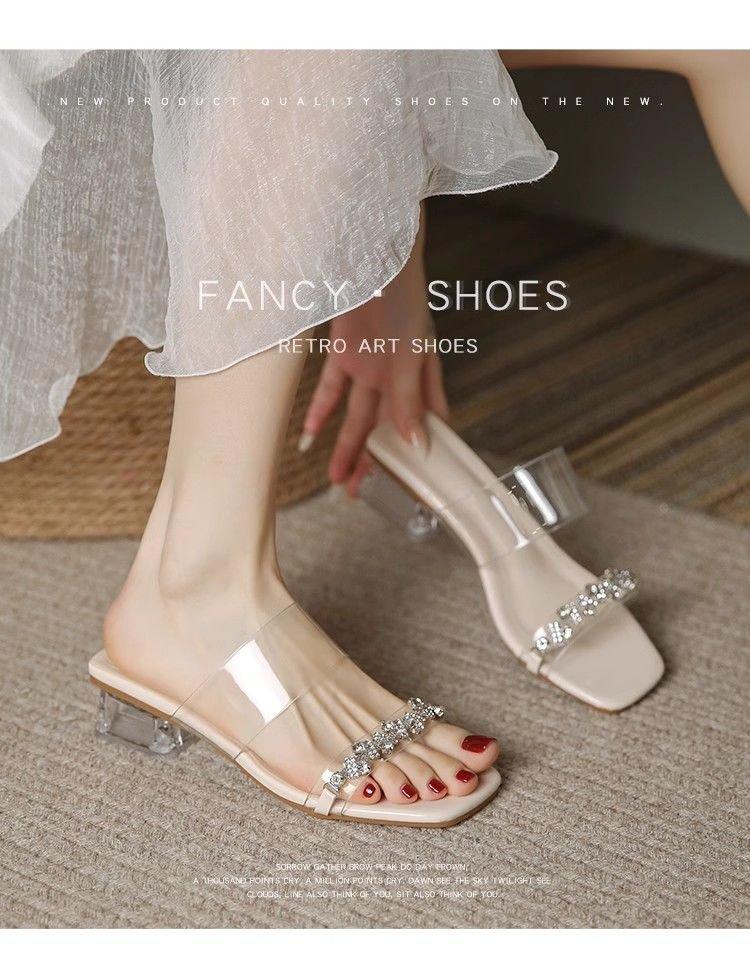 Fairy Feng Shui Diamond Slippers Female Summer Wear Fashion High Sense Transparent Word with Medium Heel Thick Heel Crystal Sandals