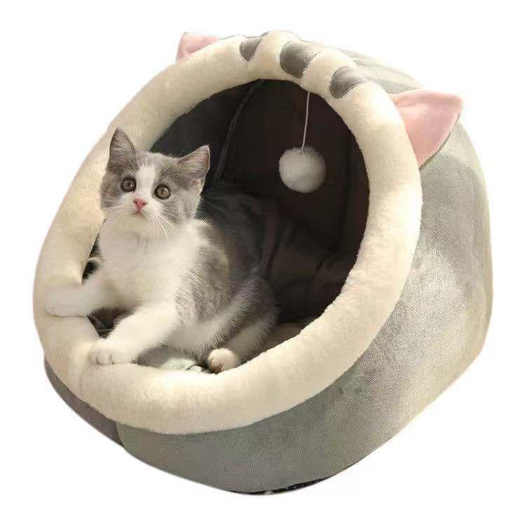 Four Seasons Cute Semi-Closed Pet Bed – Cozy for Cats & Dogs