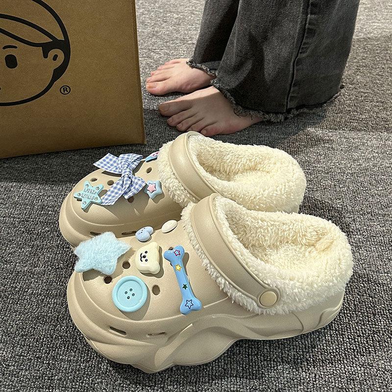 New velvet hole shoes women's winter non-slip outer wear cotton shoes heightened thick-soled home removable cotton slippers