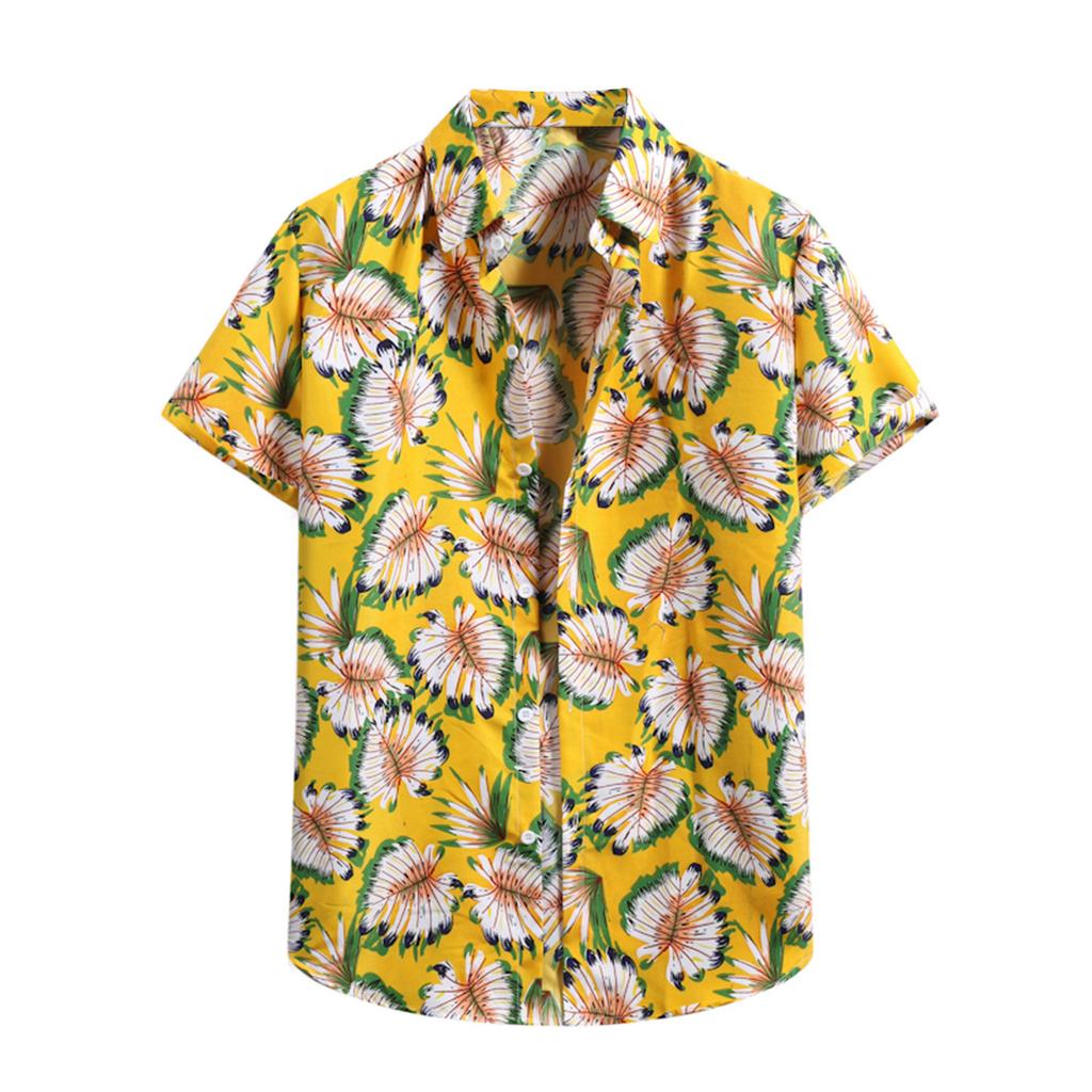 Men's Cardigan Short Sleeve Hawaiian Beach Flower Shirt Men's Turtleneck Shirt