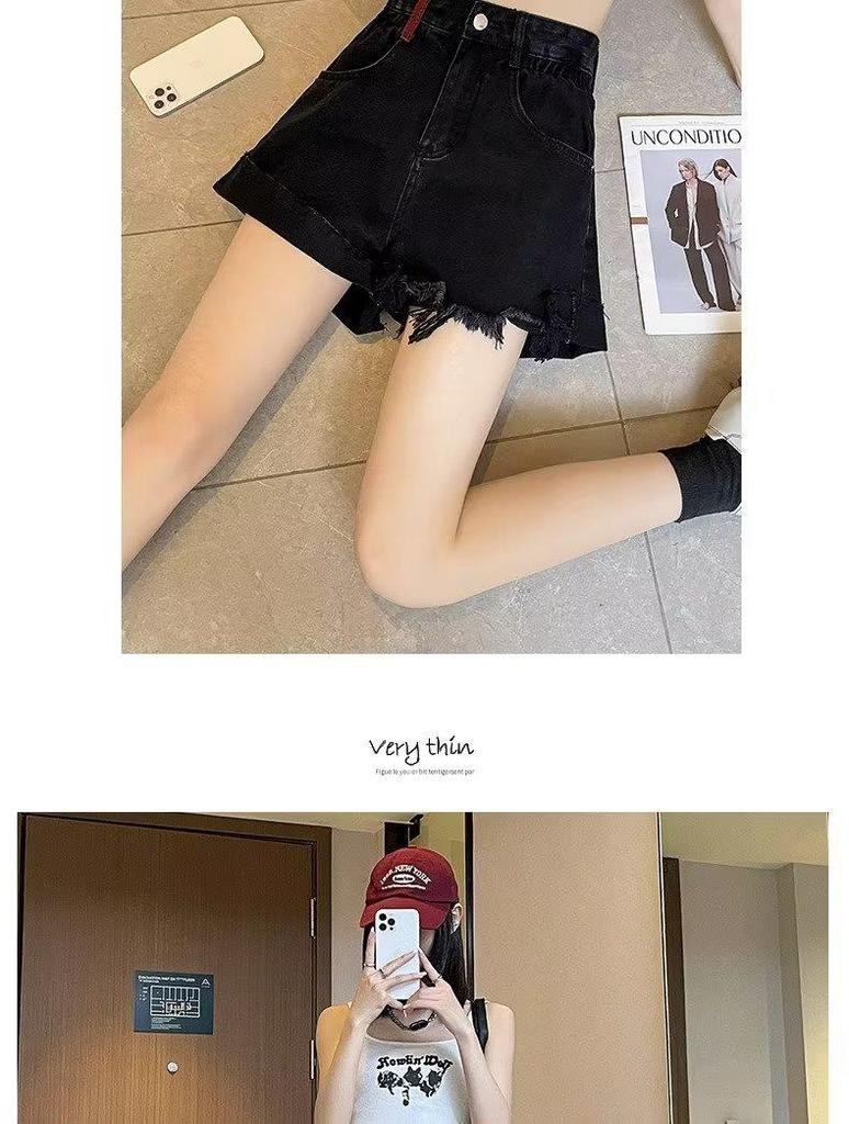 2025 Women's Black High-Waist A-Line Denim Shorts - Sexy, Slimming, Loose Fit, Wide Leg