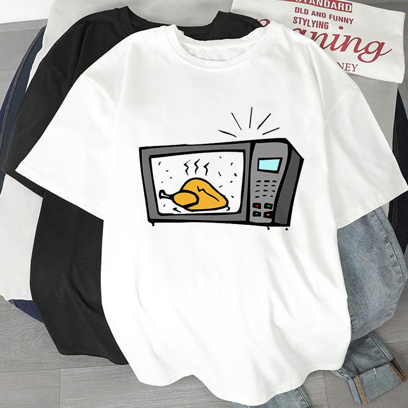 

New For 2025 Cool Fashion T-Shirt For Women Microwave Oven Cartoon Print T Shirt Summer Short Sleeve Female Tee Tops XXXL білий