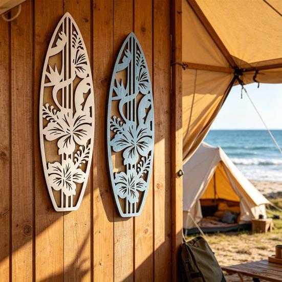 Wooden Surfboard Wall Hanging Decor Coastal Beach Hollow Surfboard Wall Art for Summer Tropical Bedroom Living Room Decoration