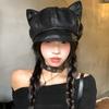 Hot Girl Folded Leather Cat Ears Beret Autumn and Winter Retro Cute Octagonal Hat American Sweet Painter Newspaper Boy Hat