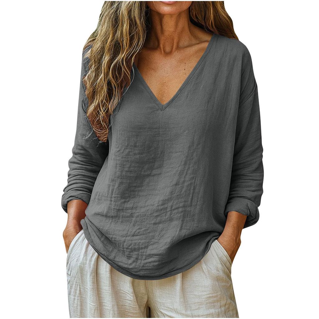Spring 2026 Women's Casual Loose V-Neck Cotton Linen Long Sleeve Top
