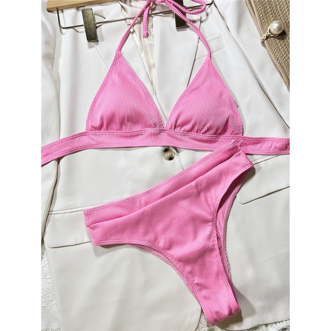 

Сексуальный женский купальник в рубчик с бретелькой на шее, бикини с высокой талией, женский купальник из двух частей, комплект бикини, купальный костюм, купальный костюм для леди L розовый