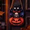 Festive Wooden Wall Hanging Halloween Door Sign, Black Cat Bat Pumpkin Plaque with Indoor Outdoor Holiday Ornament Jute Rope, Farmhouse Front