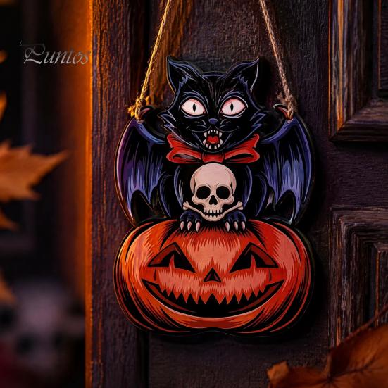 Festive Wooden Wall Hanging Halloween Door Sign, Black Cat Bat Pumpkin Plaque with Indoor Outdoor Holiday Ornament Jute Rope, Farmhouse Front