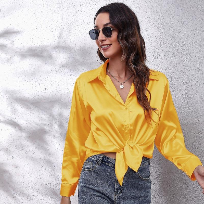 JPNTKY Women's Fashion Casual Solid Color Print POLO Neck Long Sleeve Blouses & Shirts