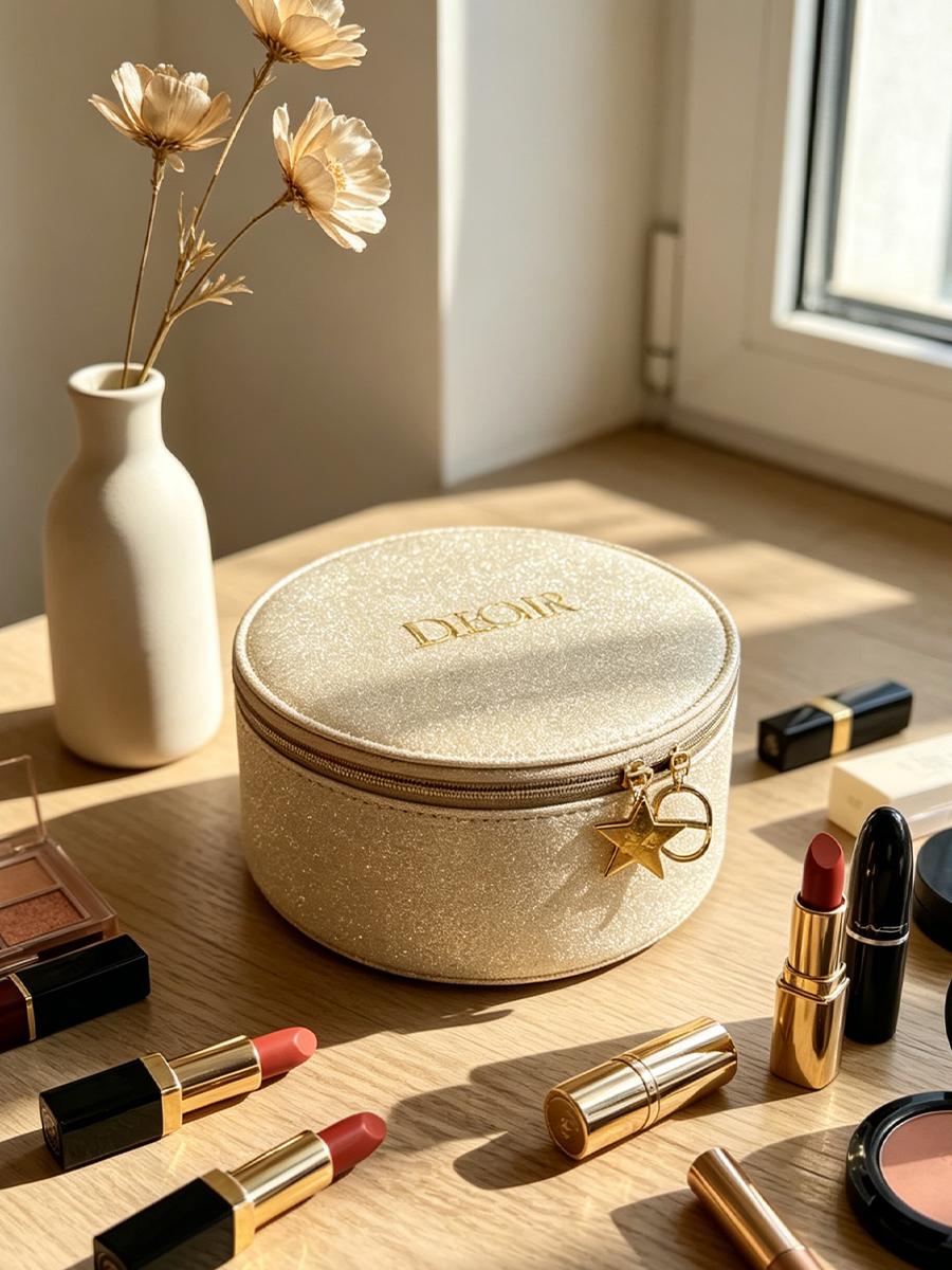 DIOR apaļš mirdzošs kosmētikas maciņš ar