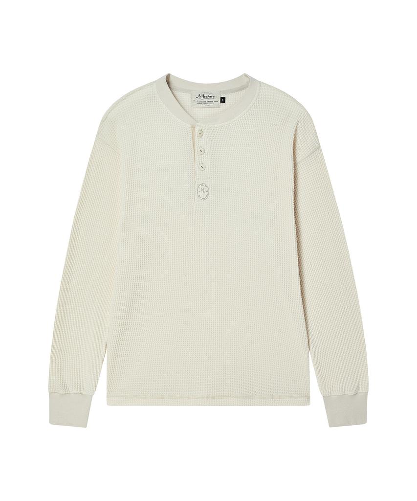 BEYOND CLOSET [Collection Line] Washed Cotton Waffle Henley Neck T-Shirt Ivory