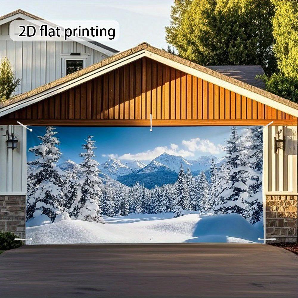 2D Flat 1pc Snow Mountain Winter Landscape Garage Door Banner -snow-covered Pine Trees and Blue Sky Scenes, Parties and Holidays