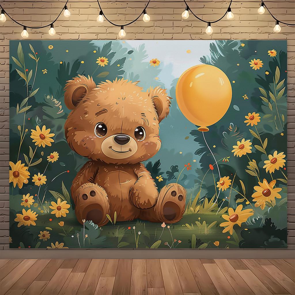 A Cute Teddy Bear In the Garden Cartoon Flower Background Cloth Party Banner Dreamy Style Birthday Party