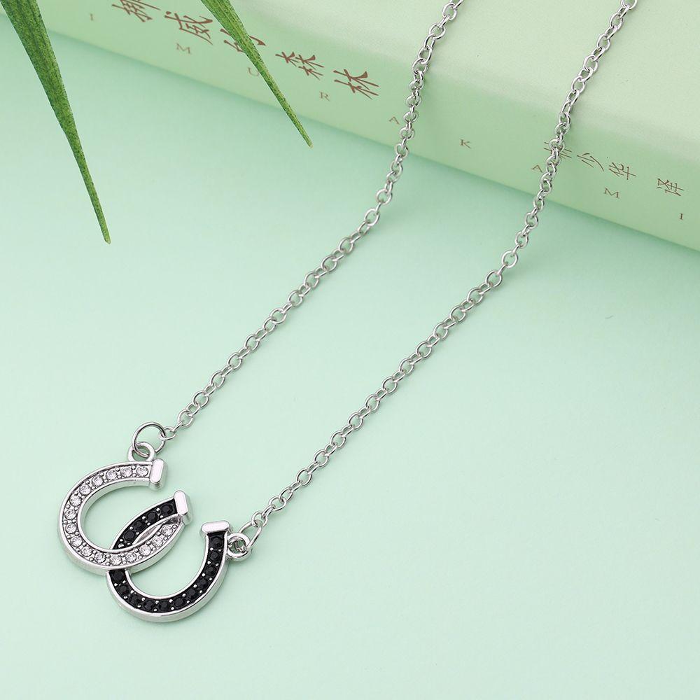 Black White Rhinestone Jewelry Double Horse Hoof Pendant Necklace Zinc Zinc Alloy Chain Women Lady