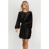 Crushed Velvet Long Sleeve Mini Dress Round Neck Tie Waist Loose Fit Pleated Short Dress for Fall Winter Office Party Casual Evening