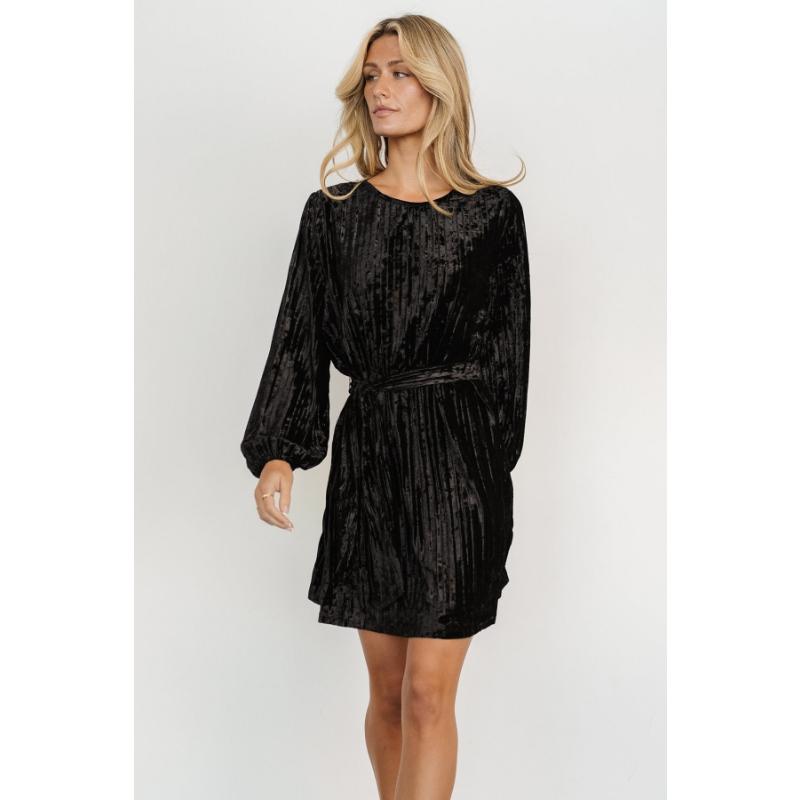 Crushed Velvet Long Sleeve Mini Dress Round Neck Tie Waist Loose Fit Pleated Short Dress for Fall Winter Office Party Casual Evening