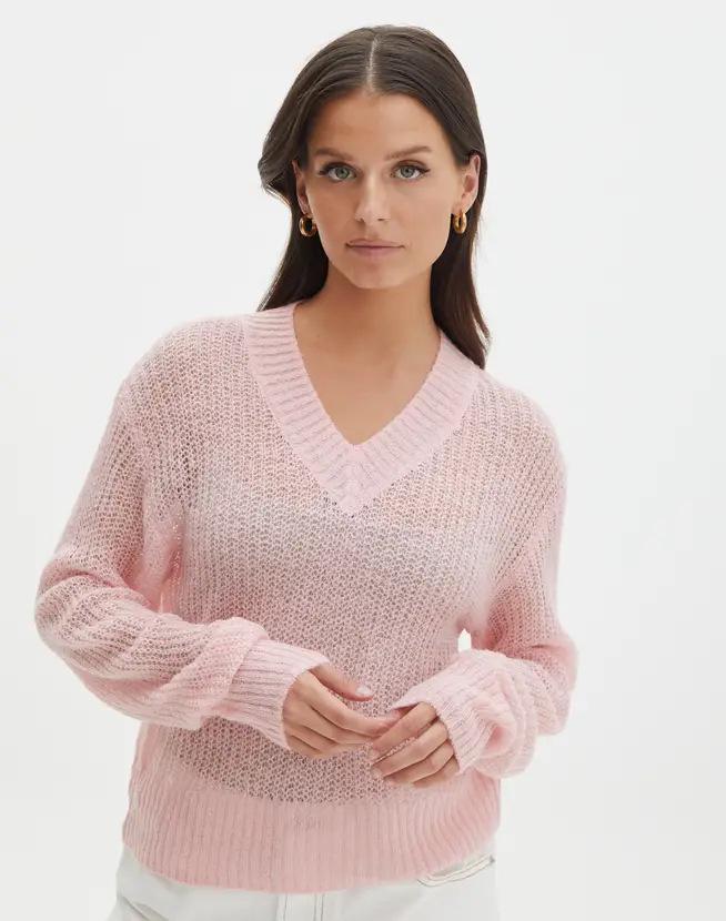 2024 Spring/Summer Solid Color V-Neck See-Through Top Large розовый