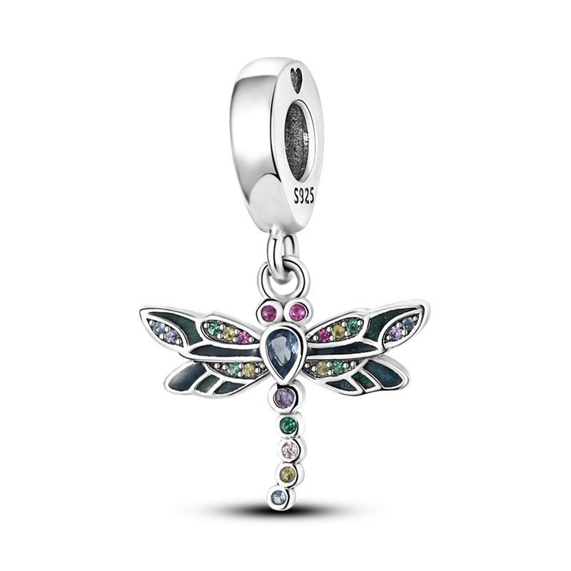 100% 925 Silver Exquisite Colored Dragonfly Charms Pendants Sparkling Zircon Fit Qikaola Original Bracelets DIY Jewelry