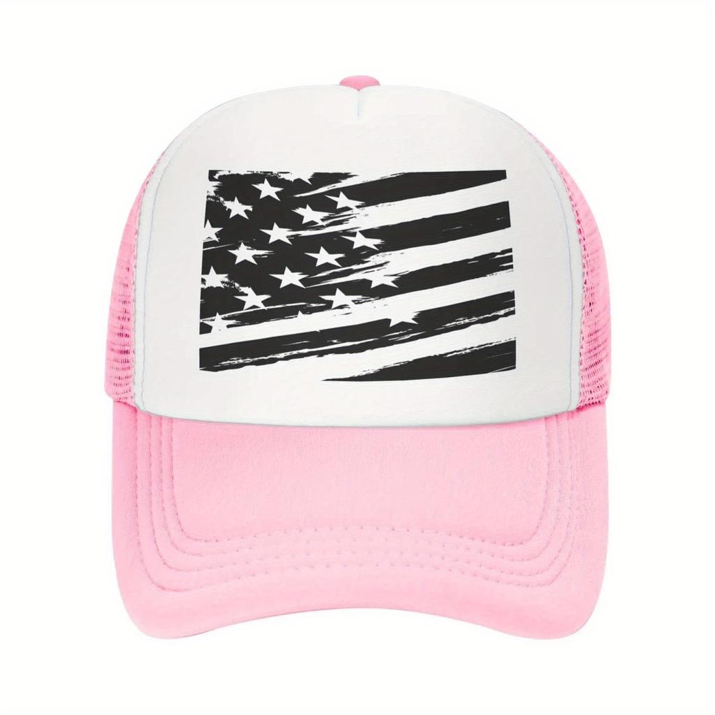 Distressed Black and White USA Flag Trucker Hat Breathable Mesh Baseball Cap Outdoor Adjustable Unisex