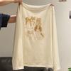 Korean Style Apricot Sweet Dog Print Thin Long Sleeve T Shirt For Women