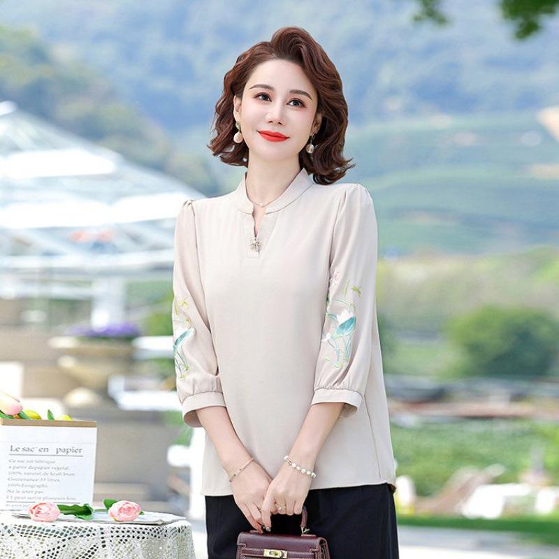 

Стильный шифоновый топ с рукавом средней длины для женщин среднего возраста - Коллекция Весна-Лето 2024 1XL (80-100 Jin) абрикосовый