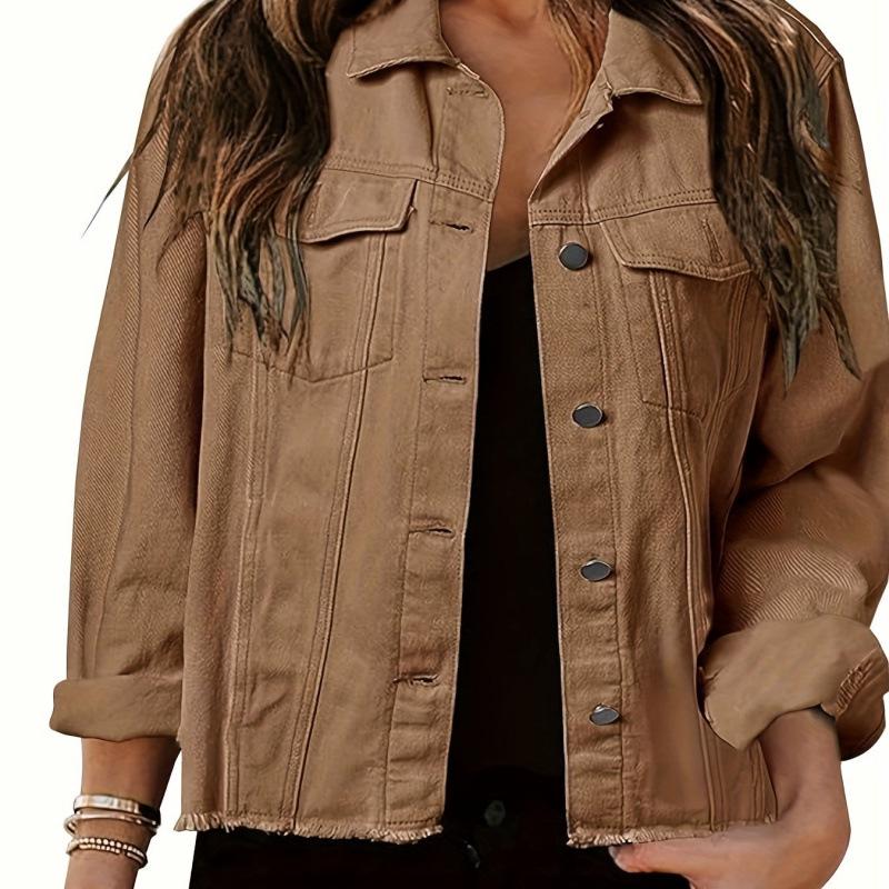 2025 Women s Washed Denim Jacket, Casual Button-Up Top S темно-коричневого