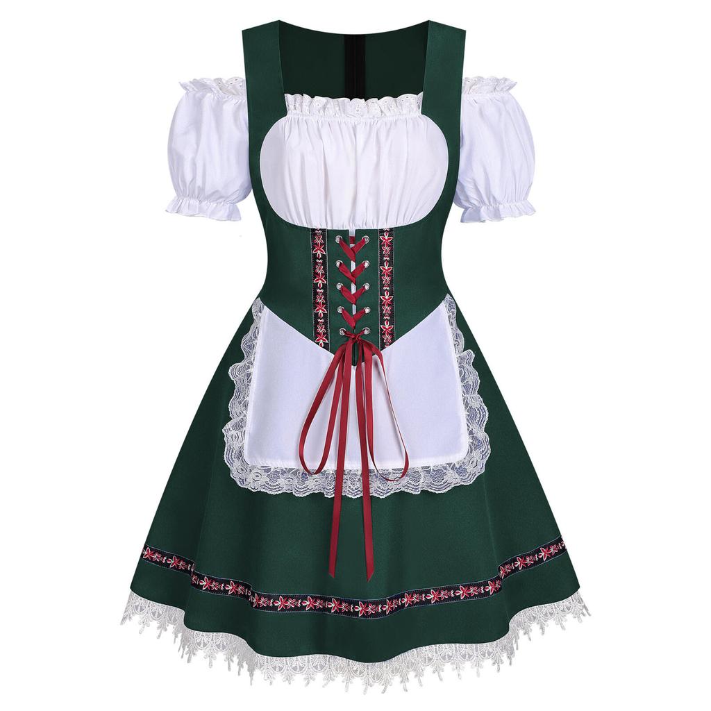 Women Oktoberfest Dirndl Dress Bavarian Beer Maid Costume Off Shoulder Puff Sleeve Lace Apron Dress For Halloween