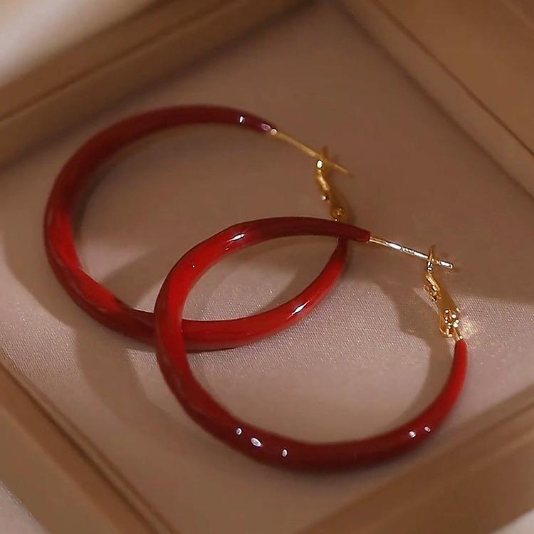 Red Round Hoop Oil Painting Earrings – Elegant, Simple, Luxury Design.