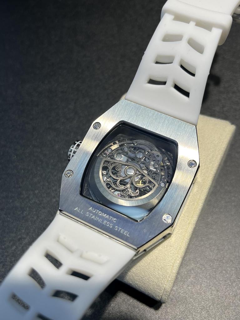 SEVEN XII Skull Mechanical Automatic Skeleton Watch, Carbon Fiber Case, Tonneau Shape, Luminous Dial, Waterproof, Luxury Men's Watch (White)